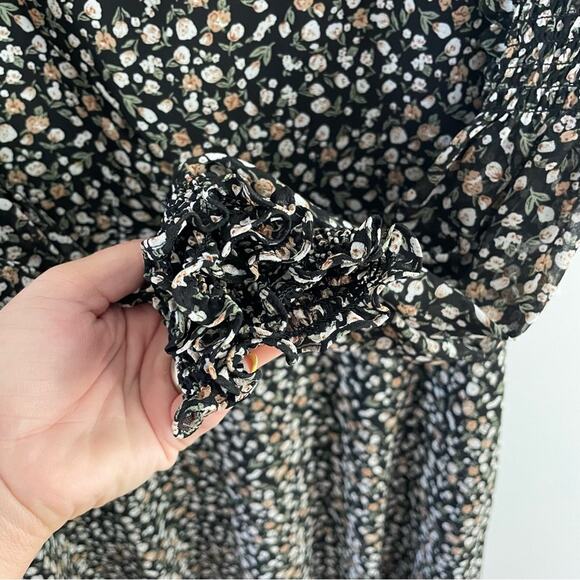 Mikael Aghal | Shirred Floral Print Chiffon Square Neck Mini Dress Long Sleeve 8 - Picture 7 of 12